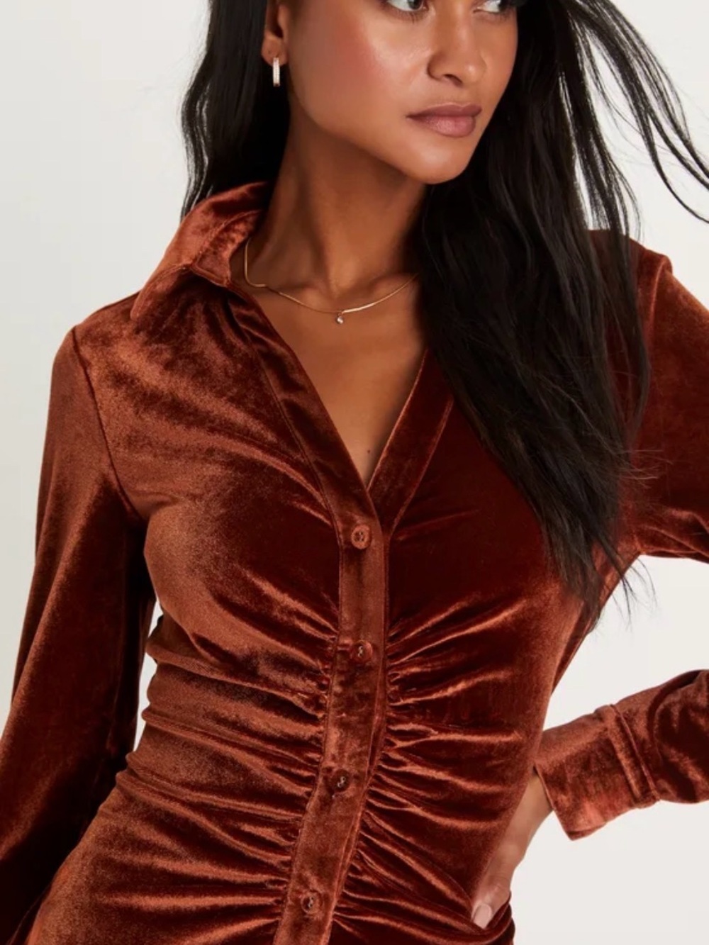 Lulus Endless Style Rust Brown Velvet Ruched Button-Up Mini Dress